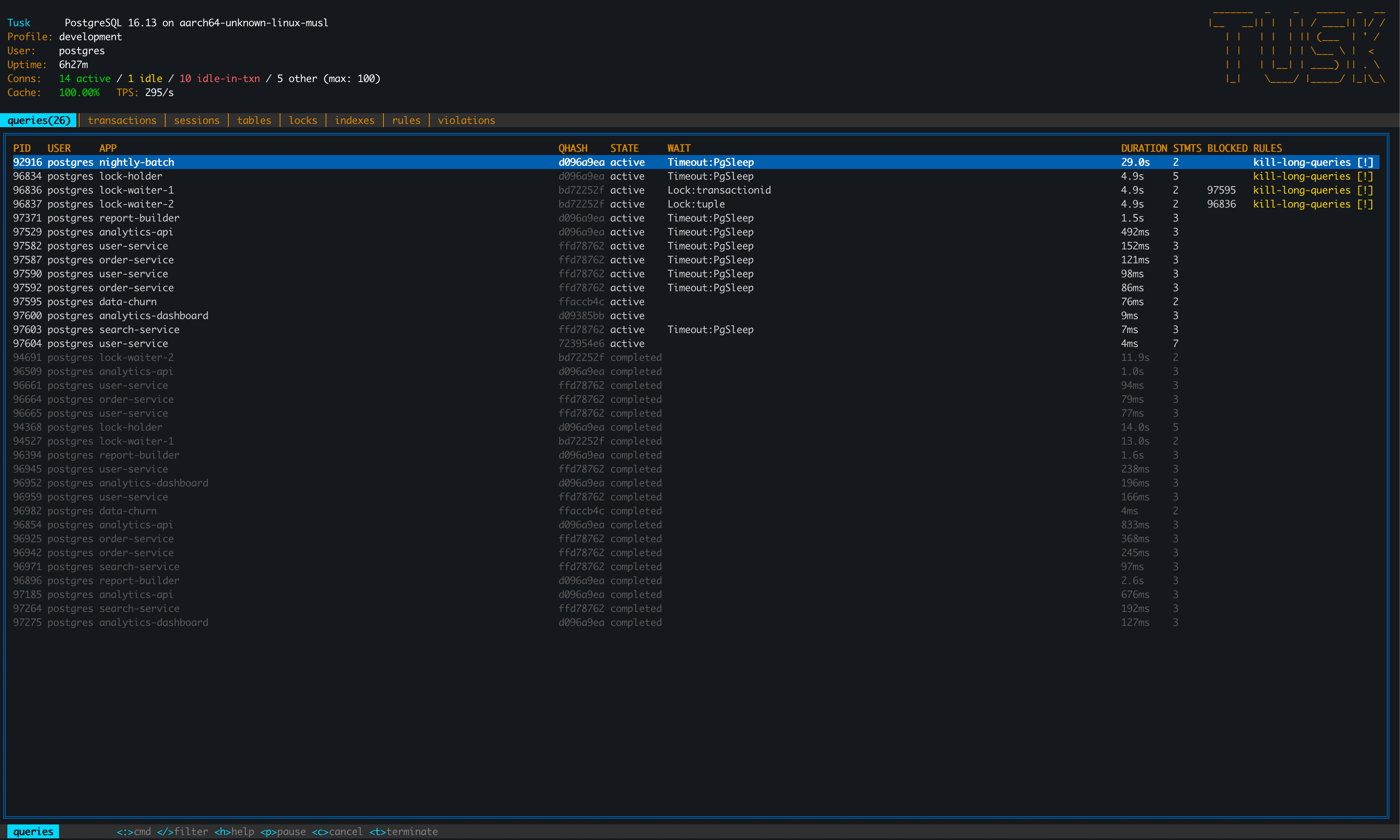 Tusk queries view showing live query activity