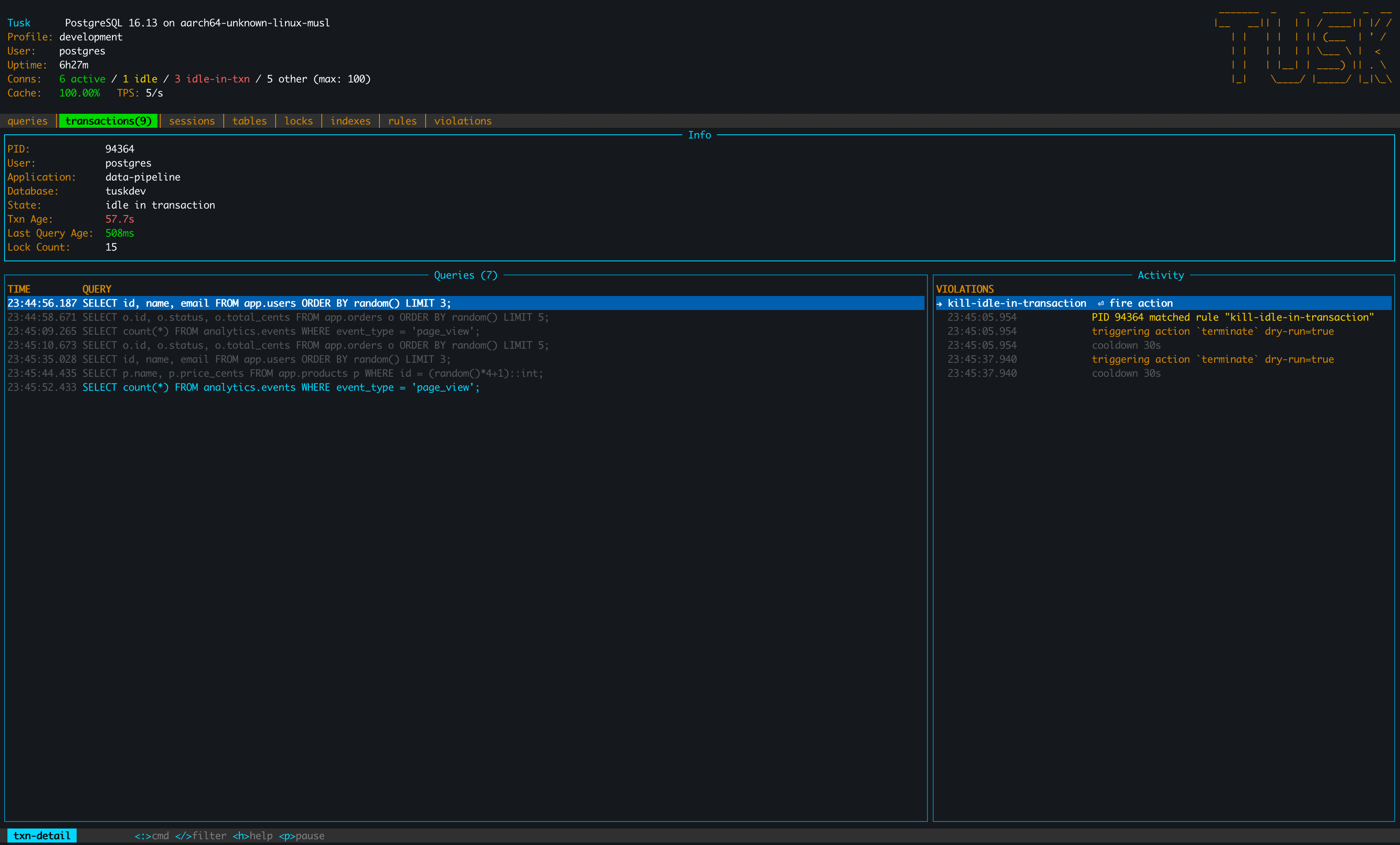 Tusk transaction detail split-pane view